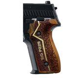 Sig Sauer P229 custom grips made from walnut wood with brass line and inlay, designed for enhanced firearm handling and style.
