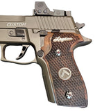 Sig Sauer P229 custom grips made from walnut wood with silver logo and text inlay for enhanced firearm handling and style.