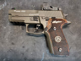 Sig Sauer P229 custom grips made from walnut wood with silver logo and text inlay, designed for enhanced firearm handling.