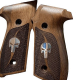 Sig Sauer P229 custom grips made from walnut wood with silver logo inlay, designed for enhanced grip and aesthetic appeal.