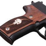 Sig Sauer P229 custom walnut wood grips with silver logo inlay, designed for enhanced grip and classic firearm aesthetics.