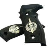 Sig Sauer P229 custom grips made of black PMMA acrylic with silver custom logo for enhanced grip and style