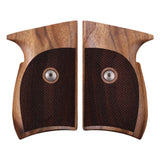 Sig Sauer P230 handgun with custom walnut wood grips, showing detailed grain and smooth finish for ergonomic handling.