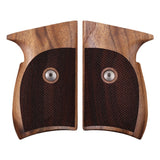 Sig Sauer P230 custom walnut wood grips showing detailed grain and ergonomic design for enhanced firearm handling.