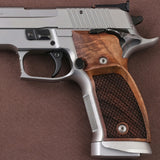 Sig Sauer P226 SAO custom walnut grips with dragon skin checkering, designed for enhanced grip and style.