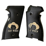 Sig Sauer P226 custom grips by Bestpistolgrips, showcasing textured black handle with ergonomic design and branding details.