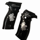 Sig Sauer M11-A1 custom grips made of black PMMA acrylic with silver custom logo and text, designed for pistol enhancement.