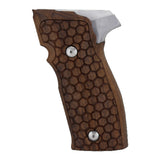 Sig Sauer P226 SAO custom walnut wood grips for pistol, showcasing detailed grain and ergonomic design.