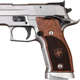 Sig Sauer P226 X6 custom walnut wood grips with engraved logo on pistol, highlighting the ergonomic design and craftsmanship.