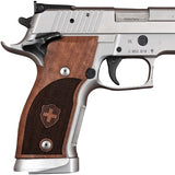 Sig Sauer P226 X6 custom walnut wood grips with engraved logo on right side, designed for ergonomic handling and style.