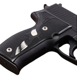 Sig Sauer P226 custom grips made from PMMA acrylic with silver skull inlay, designed for enhanced grip and style.