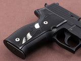 Sig Sauer P226 custom grips made from PMMA acrylic with silver skull inlay, showcasing detailed gun grip design.
