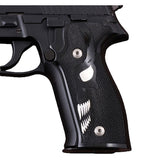 Sig Sauer P226 custom grips made from PMMA acrylic with silver skull inlay on the left side, designed for enhanced firearm handling.