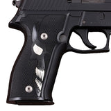 Sig Sauer P226 custom grips made from PMMA acrylic with silver skull inlay on the right side, designed for enhanced grip and style.