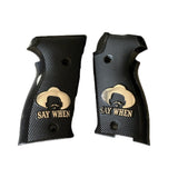 Sig Sauer P226 custom grips made from black PMMA acrylic with silver logo and text inlay, designed for improved grip and aesthetic appeal.