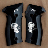Black PMMA acrylic Sig Sauer P226 custom grips with silver logo and inlaid text for improved firearm handling and style