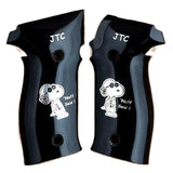 Sig Sauer P228 custom grips made from black PMMA acrylic with silver logo and text inlay, designed for enhanced firearm handling.