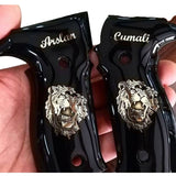 Sig Sauer P226 custom grips made from black PMMA acrylic with silver logo and inlay for enhanced grip and style.