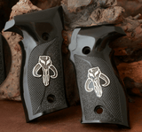 Black PMMA acrylic Sig Sauer P226 custom grips with silver logo inlay, designed for improved grip and style.