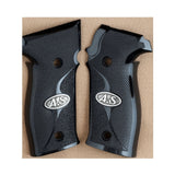 Sig Sauer P226 custom grips made from black PMMA acrylic with silver logo inlay, designed for enhanced handgun handling.