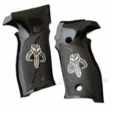 Sig Sauer P228 custom grips made from black PMMA acrylic with silver logo inlay, designed for improved grip and style.