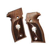 Sig Sauer P226 custom grips made from walnut wood with silver logo inlay, showcasing detailed craftsmanship and smooth finish.