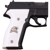 Sig Sauer P229 custom grips made from white PMMA acrylic with silver and brass logo inlays, designed for enhanced firearm handling.