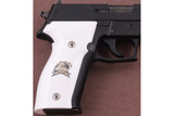 Sig Sauer P229 custom grips made from white PMMA acrylic with silver and brass logos inlay, designed for enhanced firearm handling.