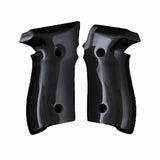 Sig Sauer P226 with custom black acrylic grips, featuring textured surface and ergonomic design for improved handling.