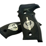 Sig Sauer P226 custom grips made of black PMMA acrylic with silver logo, designed for enhanced grip and stylish appearance.