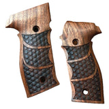 Sig Sauer P229 custom grips made from walnut wood, featuring a polished finish and ergonomic design.