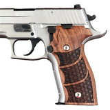 Custom walnut wood grips for Sig Sauer P229 pistol by Bestpistolgrips, showcasing polished, textured firearm grip surfaces.