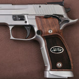 Sig Sauer P226 SAO custom walnut wood grips with brass oval text, by Bestpistolgrips