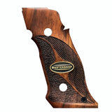 Sig Sauer P226 SAO custom walnut grips with brass logo, designed for professional target shooting, by Bestpistolgrips