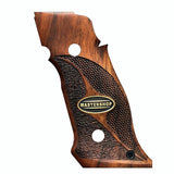 Sig Sauer P226 SAO custom walnut grips with brass logo, designed for professional target shooting, by Bestpistolgrips.