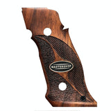 Walnut wood Sig Sauer P226 SAO custom grips with silver logo, designed for professional target shooting and enhanced firearm grip.
