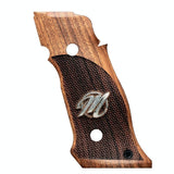 Sig Sauer P226 SAO custom walnut wood grips with silver logo, designed for professional target shooting.