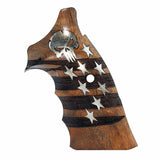 A wooden pistol grip featuring a dark brown and medium brown striped pattern, inlaid with silver-colored stars and a silver skull emblem near the top.