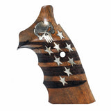 A wooden pistol grip featuring a dark brown and medium brown striped pattern, inlaid with silver-colored stars and a silver skull emblem near the top.