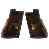 Walnut wood Desert Eagle Mark VII custom grips with brass logo for Bestpistolgrips, showcasing detailed grain and craftsmanship.