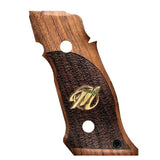Sig Sauer P226 SAO custom walnut wood grips with brass logo, designed for professional target shooting.