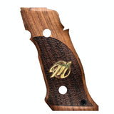 Sig Sauer P226 SAO custom walnut wood grips with brass logo for professional target shooting, made by Bestpistolgrips.