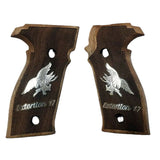 Walnut Sig Sauer M11-A1 custom grips with silver logo and text, designed for enhanced grip and style.