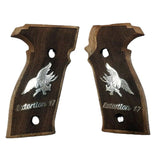 Walnut Sig Sauer M11-A1 custom grips with silver logo and text, designed for enhanced firearm handling and aesthetic appeal.