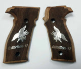 Walnut Sig Sauer M11-A1 custom grips with silver logo and text for enhanced firearm handling and style.
