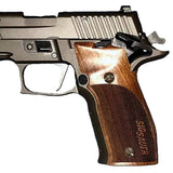 Walnut Sig Sauer P226 X6 custom grips with laser-engraved text, designed for improved grip and stylish firearm customization.
