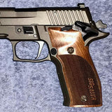 Walnut Sig Sauer P226 X6 custom grips with laser-engraved text, designed for improved grip and aesthetic appeal.