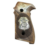 Walnut wood Sig Sauer P226 custom grips with brass inlay stars and logo, designed for enhanced firearm handling and aesthetics.
