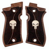 Custom walnut wood grips for Beretta 81FS with silver Punisher logo by Bestpistolgrips, designed for a personalized firearm look.