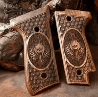 Beretta 92S grips made of walnut wood with custom engraving.